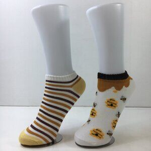 Womens Ankle Socks Set 2 Bee Beehive Print Stripes Yellow White Brown